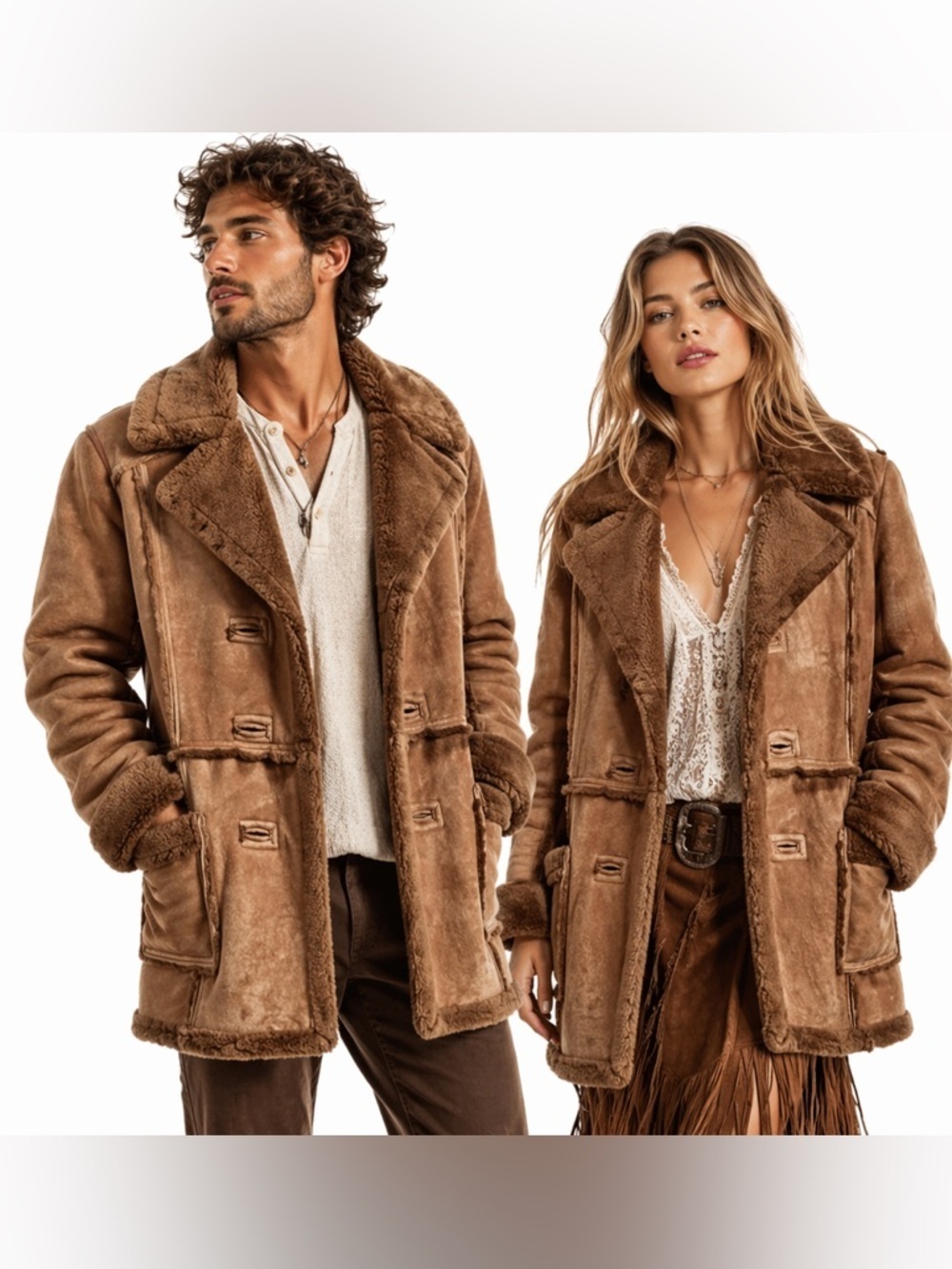 Vintage Brown leather Shearling style Slim Fit 2 pocket long sleeve Coat 44